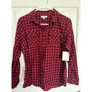Croft & Barrow Red Black Buffalo Plaid Flannel Shirt Womens XS Button Down NWT